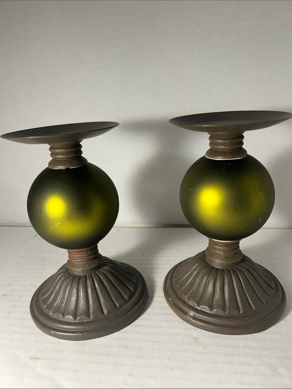 Only Olive Green Glass and Bronze Orb Candle Holders - Pair 7 inch H Vintage